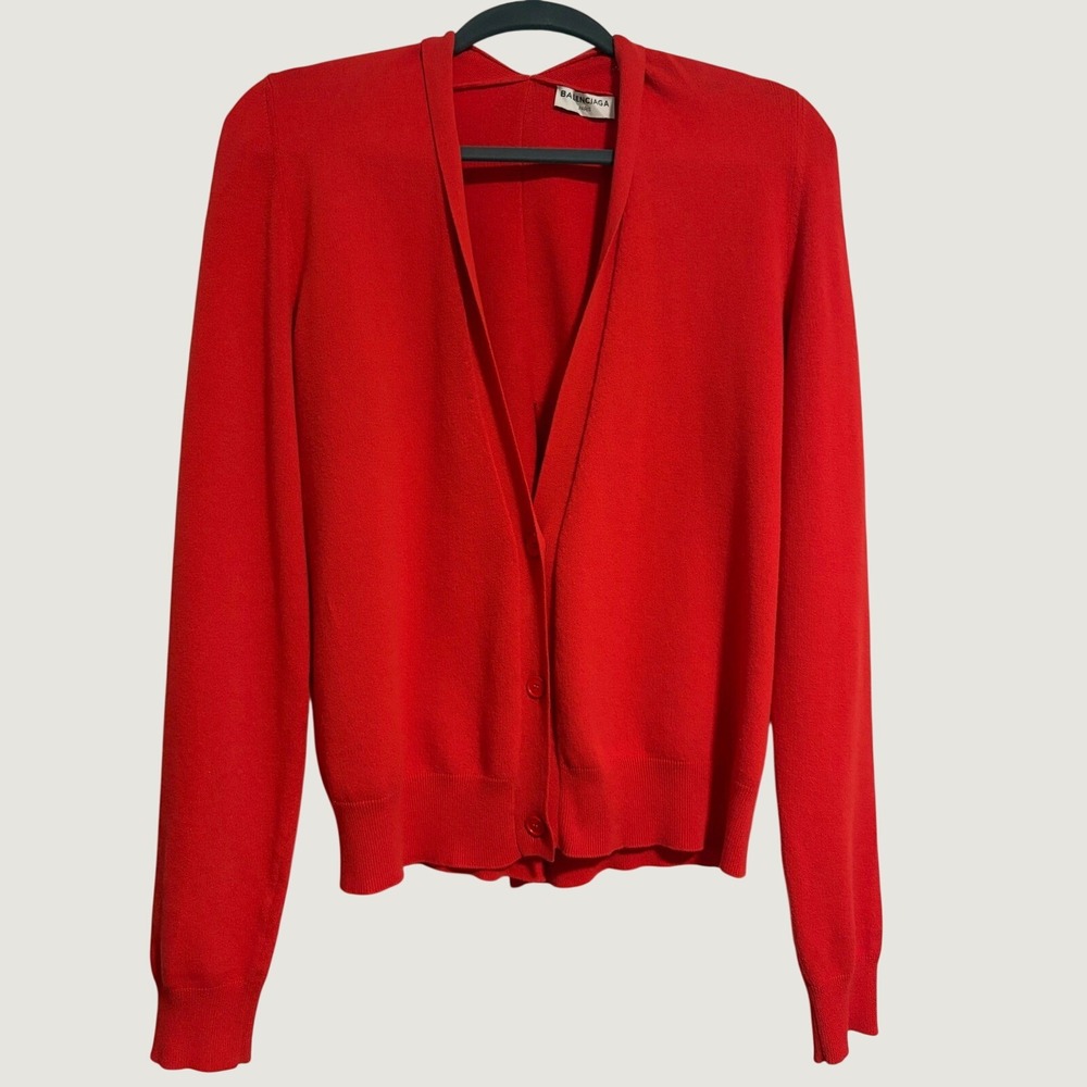 Balenciaga Paris Red Button Front Cardigan Back Drape Knit Sweater IT 42